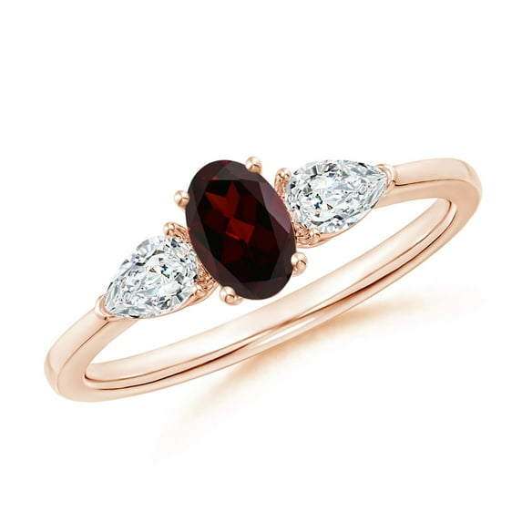 ANGARA Natural Oval Garnet Three Stone Ring with Pear Diamonds in 14K Rose Gold (6x4mm Garnet) | January Birthstone, Anniversary, Jewelry Gift for Women | Natural Garnet Ring (Ring Size - 13)