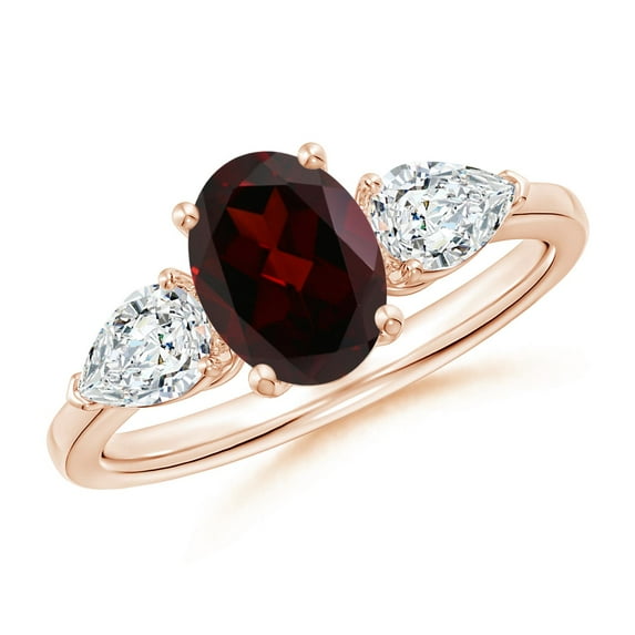 ANGARA Natural Oval Garnet Three Stone Ring with Pear Diamonds in 14K Rose Gold (8x6mm Garnet) | January Birthstone, Anniversary, Jewelry Gift for Women | Natural Garnet Ring (Ring Size - 7.5)