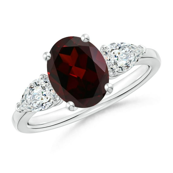 ANGARA Natural Oval Garnet Three Stone Ring with Pear Diamonds in 14K White Gold (9x7mm Garnet) | January Birthstone, Anniversary, Jewelry Gift for Women | Natural Garnet Ring (Ring Size - 6.5)