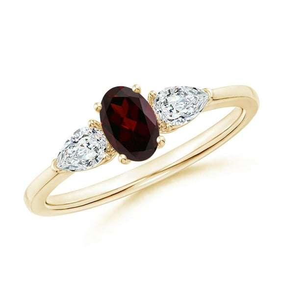 ANGARA Natural Oval Garnet Three Stone Ring with Pear Diamonds in 14K Yellow Gold (6x4mm Garnet) | January Birthstone, Anniversary, Jewelry Gift for Women | Natural Garnet Ring (Ring Size - 9)
