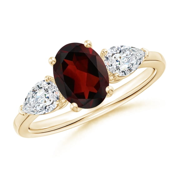 ANGARA Natural Oval Garnet Three Stone Ring with Pear Diamonds in 14K Yellow Gold (8x6mm Garnet) | January Birthstone, Anniversary, Jewelry Gift for Women | Natural Garnet Ring (Ring Size - 7.5)