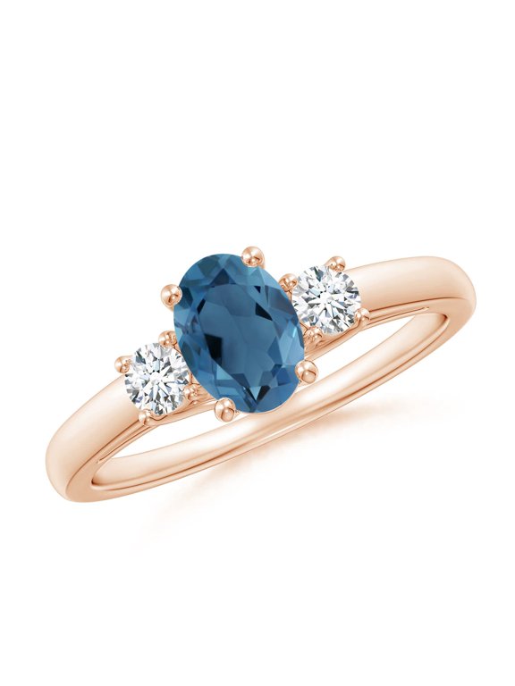 Natural Oval London Blue Topaz and Round Diamond Three Stone Ring in 14K Rose Gold for Women (Size-7x5mm) | November Birthstone Jewelry for Women | London Blue Topaz Ring (Ring Size - 4)