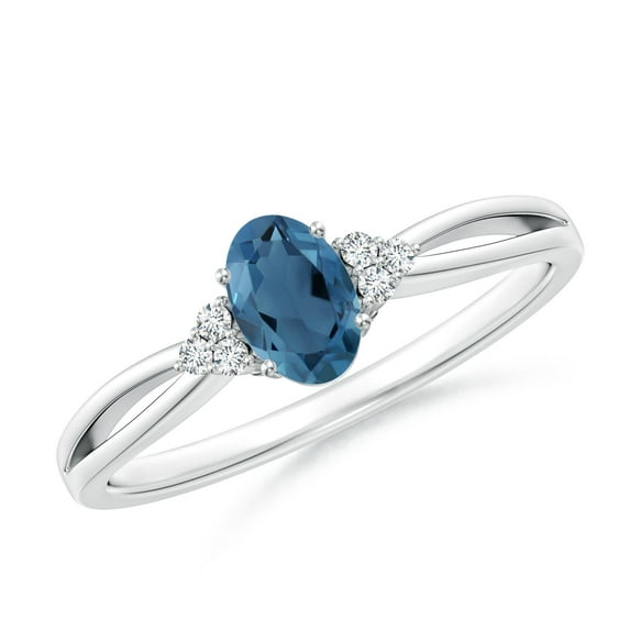 ANGARA Natural Oval London Blue Topaz Split Shank Ring with Trio Diamonds in 14K White Gold for Women (Size-6x4mm) | November Birthstone Jewelry for Women | London Blue Topaz Ring (Ring Size - 6.5)