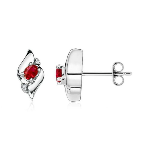 ANGARA Natural Oval Ruby and Diamond Shell Stud Earrings in 925 Sterling Silver for Women (Size-4x3mm) | July Birthstone, Birthday, Anniversary, Jewelry Gift for Women | Natural Ruby Earrings