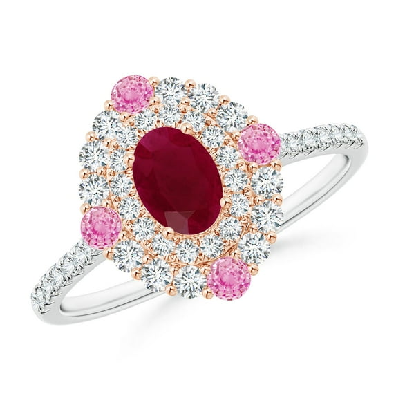 ANGARA Natural Oval Ruby Double Halo Two Tone Ring with Pink Sapphire in 14K White & Rose Gold for Women (Size-6x4mm) | July Birthstone Jewelry for Her | Natural Ruby Rings