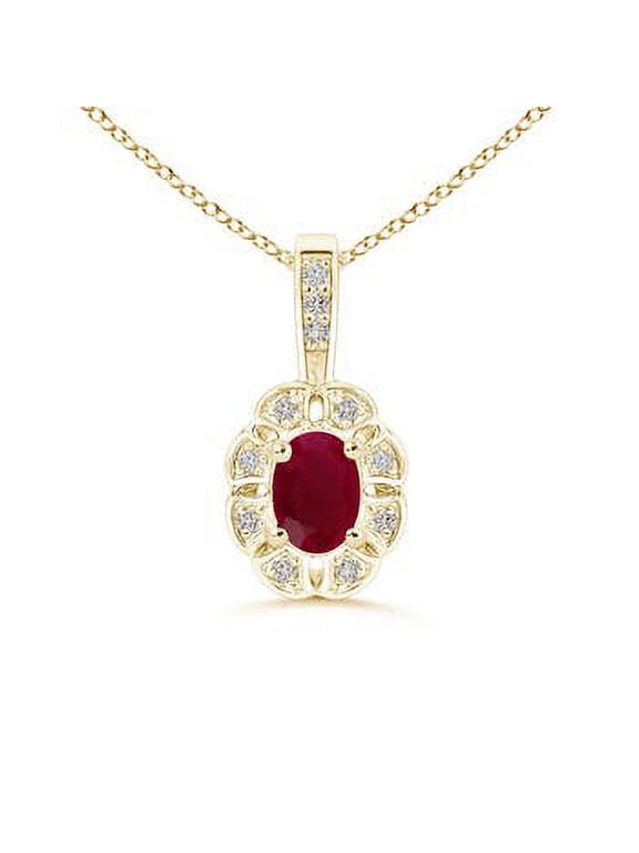 Natural Oval Ruby Flower Pendant with Diamond Halo in 14K Yellow Gold for Women (Size-6x4mm) | July Birthstone, Birthday, Anniversary, Jewelry Gift for Women | Natural Ruby Necklace