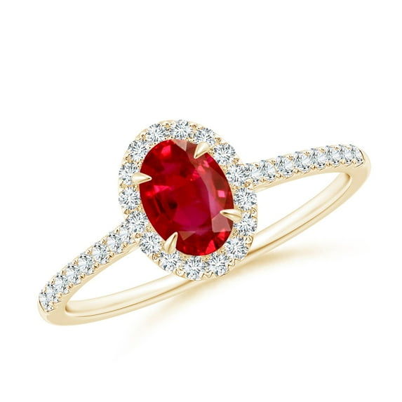 ANGARA Natural Oval Ruby Halo Engagement Ring in 14K Yellow Gold for Women (Size-6x4mm) | July Birthstone Jewelry for Her | Natural Ruby Rings