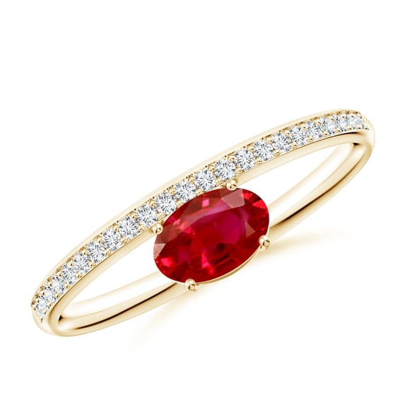 ANGARA Natural Oval Ruby Off-Centered Solitaire Ring With Diamonds in 14K Yellow Gold for Women (Size-6x4mm) | July Birthstone Jewelry for Her | Natural Ruby Rings