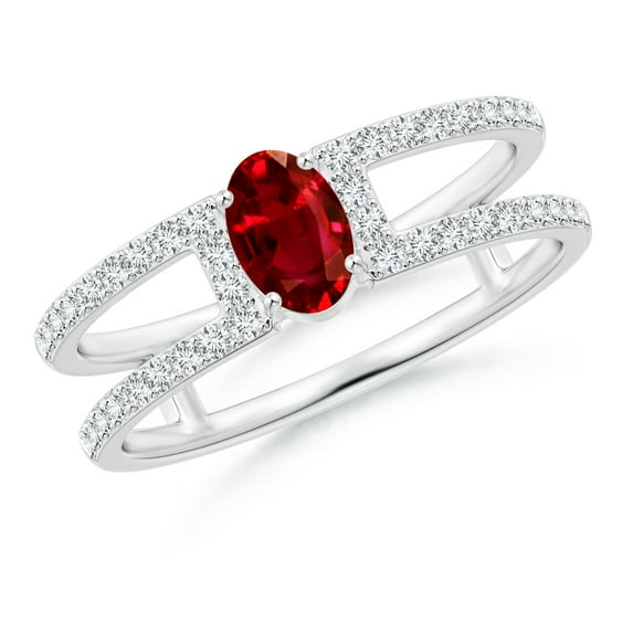 ANGARA Natural Oval Ruby Parallel Split Shank Ring with Accents in 14K White Gold for Women (Size-6x4mm) | July Birthstone, Birthday, Anniversary, Jewelry Gift for Women | Natural Ruby Ring