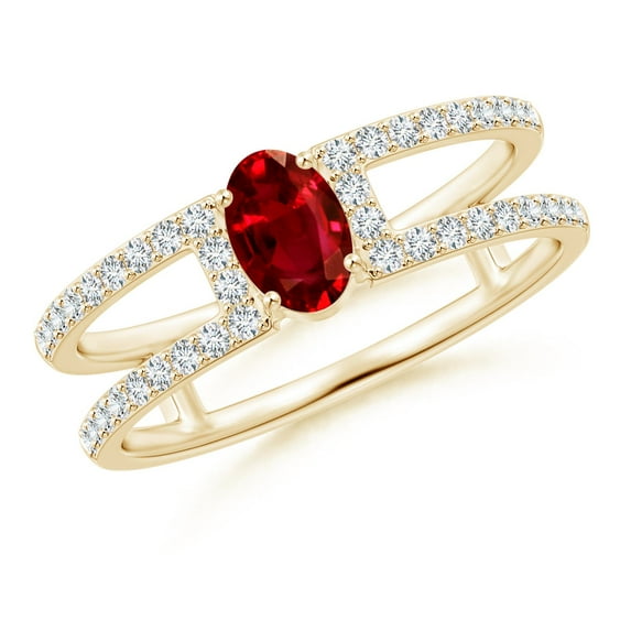 ANGARA Natural Oval Ruby Parallel Split Shank Ring with Accents in 14K Yellow Gold for Women (Size-6x4mm) | July Birthstone, Birthday, Anniversary, Jewelry Gift for Women | Natural Ruby Ring