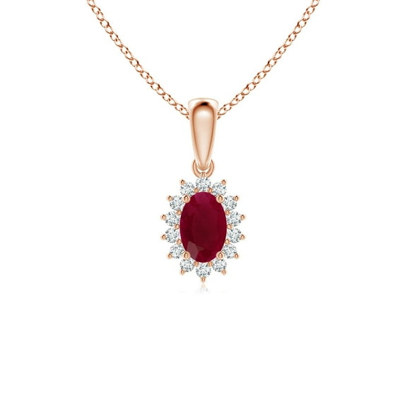 Angara Natural Ruby Pendant Necklace in 14K Rose Gold for Women (Size-6x4mm) – July Birthstone Jewelry | Oval Ruby Pendant with Floral Diamond Halo