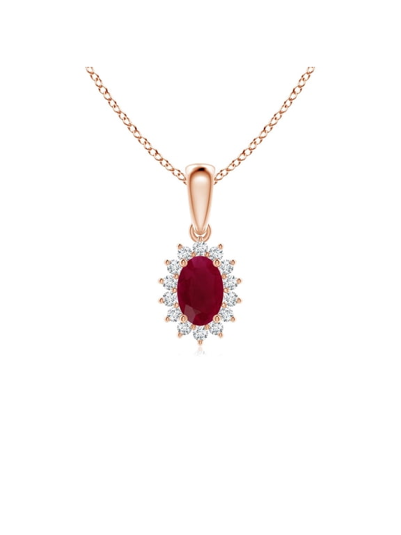 Natural Ruby Pendant Necklace in 14K Rose Gold for Women (Size-6x4mm) – July Birthstone Jewelry | Oval Ruby Pendant with Floral Diamond Halo