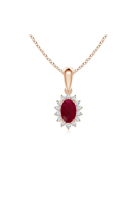 Natural Oval Ruby Pendant with Floral Diamond Halo in 14K Rose Gold for Women (Size-6x4mm) | July Birthstone, Birthday, Anniversary, Jewelry Gift for Women | Natural Ruby Necklace
