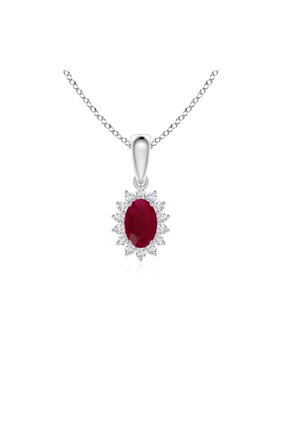 Natural Ruby Pendant Necklace for Women in 14K White Gold (Size-6x4mm) – July Birthstone Jewelry | Oval Ruby Pendant with Floral Diamond Halo