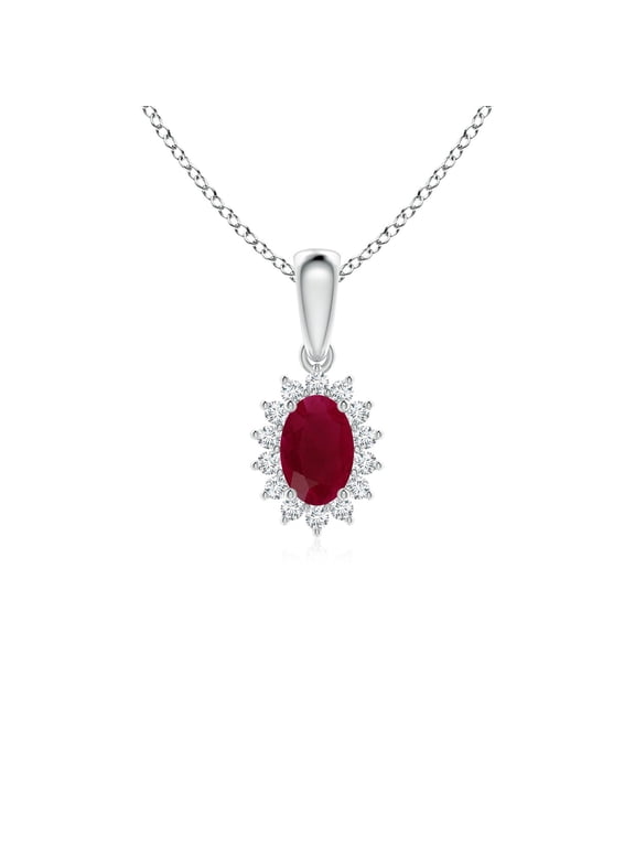 Natural Ruby Pendant Necklace for Women in 14K White Gold (Size-6x4mm) – July Birthstone Jewelry | Oval Ruby Pendant with Floral Diamond Halo