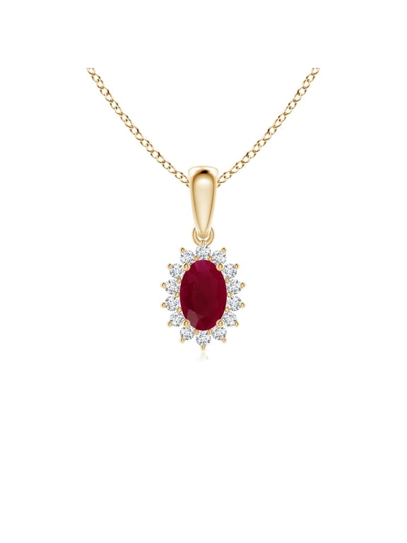 Natural Ruby Pendant Necklace for Women in 14K Yellow Gold (Size-6x4mm) – July Birthstone Jewelry | Oval Ruby Pendant with Floral Diamond Halo
