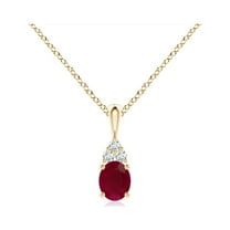 ANGARA Natural Oval Ruby Solitaire Pendant with Trio Diamond in 14K Yellow Gold for Women (Size-5x4mm) | July Birthstone, Birthday, Anniversary, Jewelry Gift for Women | Natural Ruby Necklace