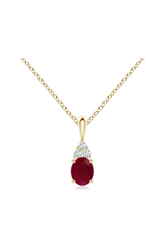 Natural Oval Ruby Solitaire Pendant with Trio Diamond in 14K Yellow Gold for Women (Size-5x4mm) | July Birthstone, Birthday, Anniversary, Jewelry Gift for Women | Natural Ruby Necklace