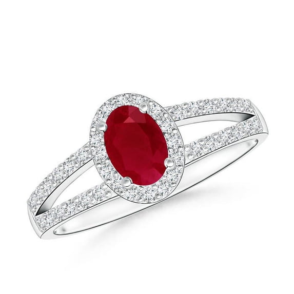 ANGARA Natural Oval Ruby Split Shank Halo Ring in 14K White Gold for Women (Size-6x4mm) | July Birthstone Jewelry for Her | Natural Ruby Rings