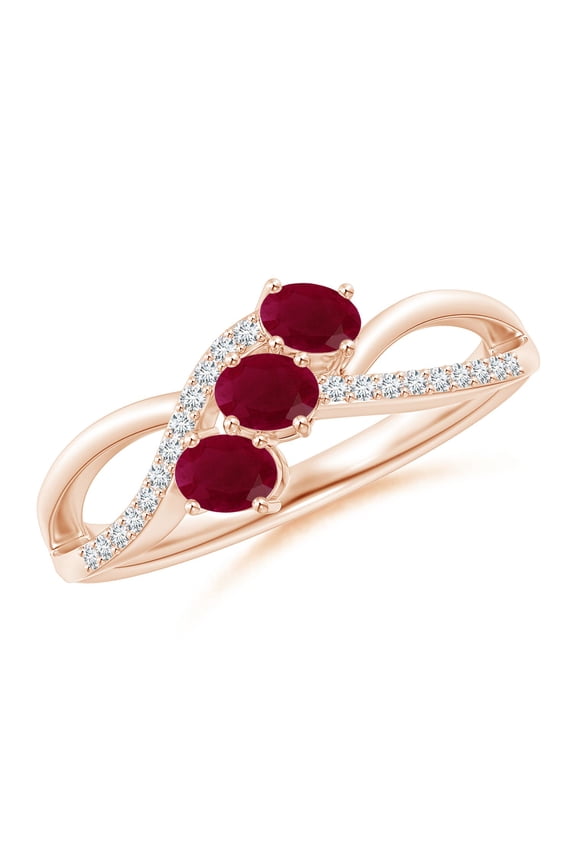 Natural Oval Ruby Three Stone Bypass Ring with Diamonds in 14K Rose Gold for Women (Size-4x3mm) | July Birthstone, Birthday, Anniversary, Jewelry Gift for Women | Natural Ruby Ring