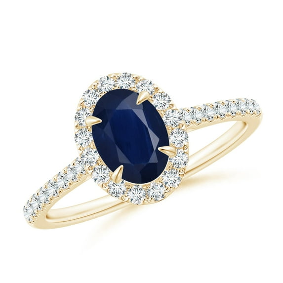 ANGARA Natural Oval Sapphire Halo Engagement Ring in 14K Yellow Gold for Women (Size-7x5mm) | September Birthstone, Birthday, Anniversary, Jewelry Gift for Women | Natural Blue Sapphire Ring