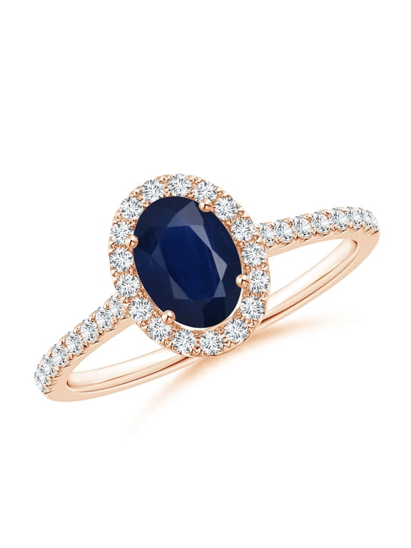 Natural Oval Sapphire Halo Ring with Diamond Accents in 14K Rose Gold for Women (Size-7x5mm) | September Birthstone, Birthday, Anniversary, Jewelry Gift for Women | Natural Blue Sapphire Ring