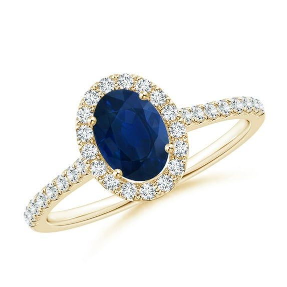 ANGARA Natural Oval Sapphire Halo Ring with Diamond Accents in 14K Yellow Gold for Women (Size-7x5mm) | September Birthstone, Anniversary, Jewelry Gift for Women | Natural Blue Sapphire Ring