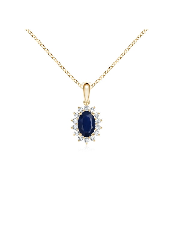 Natural Oval Sapphire Pendant with Floral Diamond Halo in 14K Yellow Gold for Women (Size-6x4mm) | September Birthstone, Anniversary, Jewelry Gift for Women | Natural Blue Sapphire Necklace