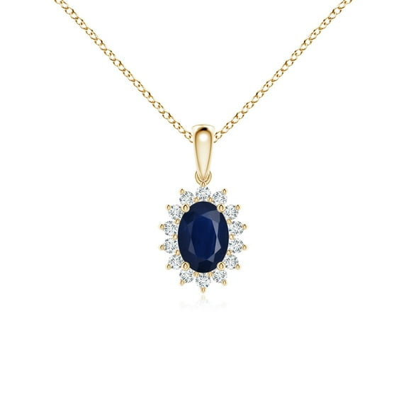 ANGARA Natural Oval Sapphire Pendant with Floral Diamond Halo in 14K Yellow Gold for Women (Size-7x5mm) | September Birthstone, Anniversary, Jewelry Gift for Women | Natural Blue Sapphire Necklace