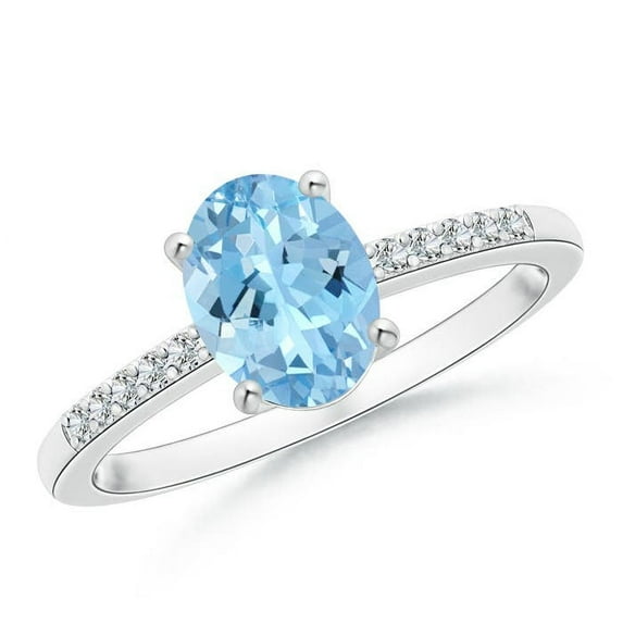 ANGARA Natural Oval Solitaire 1 ct Aquamarine Ring with Diamond Accents in 14K White Gold for Women (Size-8x6mm) | March Birthstone, Anniversary, Jewelry Gift for Women | Natural Aquamarine Ring