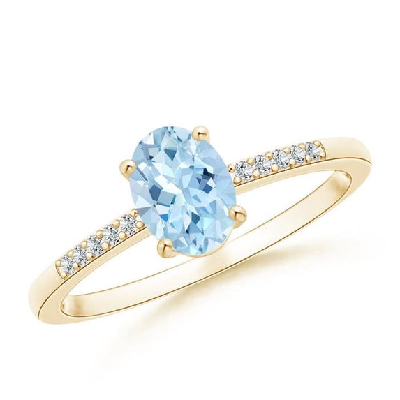 ANGARA Natural Oval Solitaire Aquamarine Ring with Diamond Accents in 14K Yellow Gold for Women (Size-7x5mm) | March Birthstone, Anniversary, Jewelry Gift for Women | Natural Aquamarine Ring