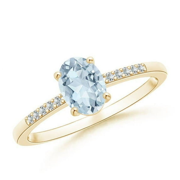 ANGARA Natural Oval Solitaire Aquamarine Ring with Diamond Accents in 14K Yellow Gold for Women (Size-7x5mm) | March Birthstone, Anniversary, Jewelry Gift for Women | Natural Aquamarine Ring