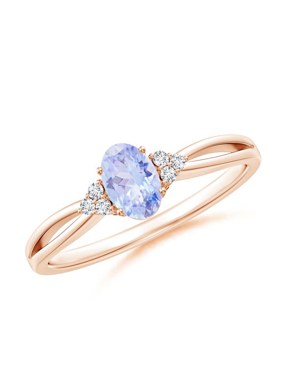 Natural Oval Tanzanite Split Shank Ring with Trio Diamonds in 14K Rose Gold for Women (Size-6x4mm) | December Birthstone, Birthday, Anniversary, Jewelry Gift for Women | Natural Tanzanite Ring