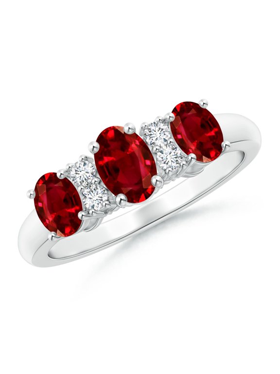 Natural Oval Three Stone Ruby Engagement Ring with Diamonds in 14K White Gold for Women (Size-6x4mm) | July Birthstone, Birthday, Anniversary, Jewelry Gift for Women | Natural Ruby Ring