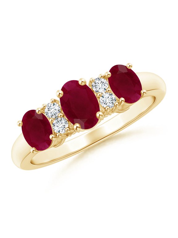 Natural Oval Three Stone Ruby Engagement Ring with Diamonds in 14K Yellow Gold for Women (Size-6x4mm) | July Birthstone, Birthday, Anniversary, Jewelry Gift for Women | Natural Ruby Ring