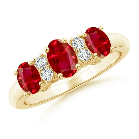 ANGARA Natural Oval Three Stone Ruby Engagement Ring with Diamonds in 14K Yellow Gold for Women (Size-6x4mm) | July Birthstone Jewelry for Her | Natural Ruby Rings