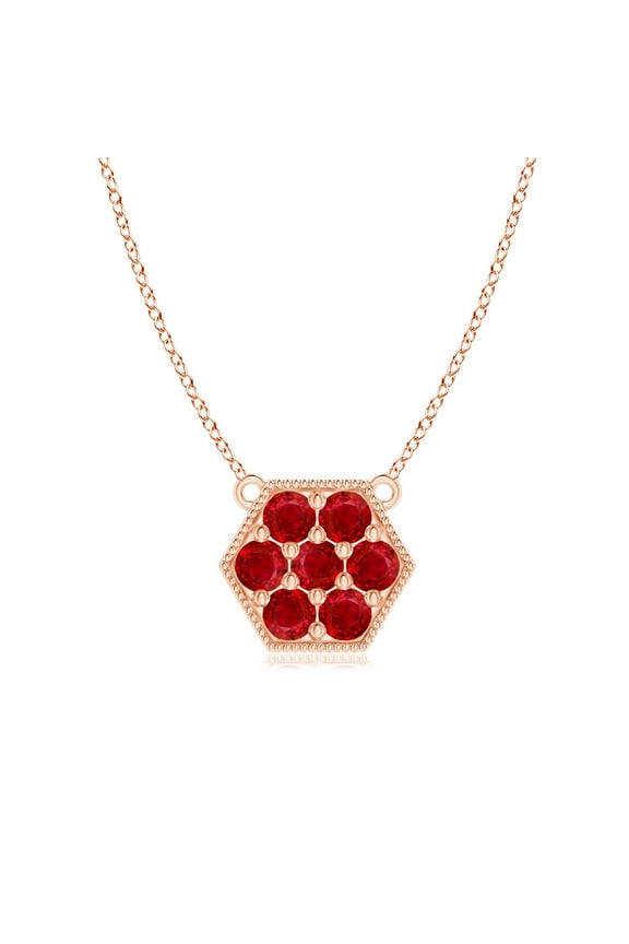 Natural Pave-Set Ruby Hexagon Necklace with Milgrain in 14K Rose Gold for Women (Size-2mm) | July Birthstone, Birthday, Anniversary, Jewelry Gift for Women | Natural Ruby Necklace