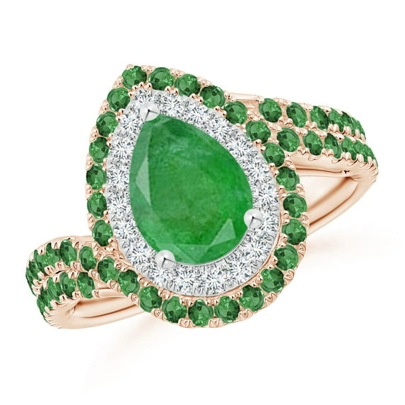 ANGARA Natural Pear 1.2 ct Emerald Two Tone Bypass Ring with Double Halo in 14K Rose & White Gold for Women (Size-9x6mm) | May Birthstone, Anniversary, Jewelry Gift for Women | Natural Emerald Ring