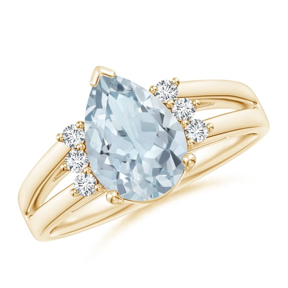 ANGARA Natural Pear 1.6 ct Aquamarine Ring with Triple Diamond Accents in 14K Yellow Gold for Women (Size-10x7mm) | March Birthstone, Anniversary, Jewelry Gift for Women | Natural Aquamarine Ring