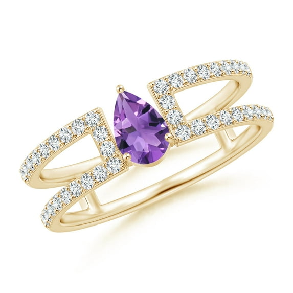 ANGARA Natural Pear Amethyst Parallel Split Shank Ring with Accents in 14K Yellow Gold for Women (Size-6x4mm) | February Birthstone, Anniversary, Jewelry Gift for Women | Natural Amethyst Ring