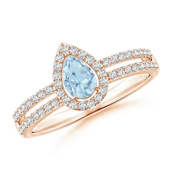 ANGARA Natural Pear Aquamarine and Diamond Halo Split Shank Ring in 14K Rose Gold for Women (Size-6x4mm) | March Birthstone, Birthday, Anniversary, Jewelry Gift for Women | Natural Aquamarine Ring