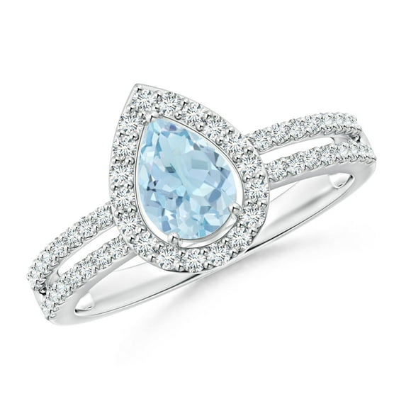 ANGARA Natural Pear Aquamarine and Diamond Halo Split Shank Ring in 14K White Gold for Women (Size-7x5mm) | March Birthstone, Birthday, Anniversary, Jewelry Gift for Women | Natural Aquamarine Ring