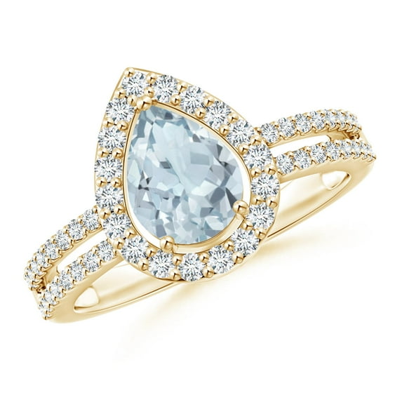 ANGARA Natural Pear Aquamarine and Diamond Halo Split Shank Ring in 14K Yellow Gold for Women (Size-8x6mm) | March Birthstone, Birthday, Anniversary, Jewelry Gift for Women | Natural Aquamarine Ring