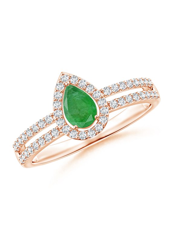 Natural Pear Emerald and Diamond Halo Split Shank Ring in 14K Rose Gold for Women (Size-6x4mm) | May Birthstone, Birthday, Anniversary, Jewelry Gift for Women | Natural Emerald Ring