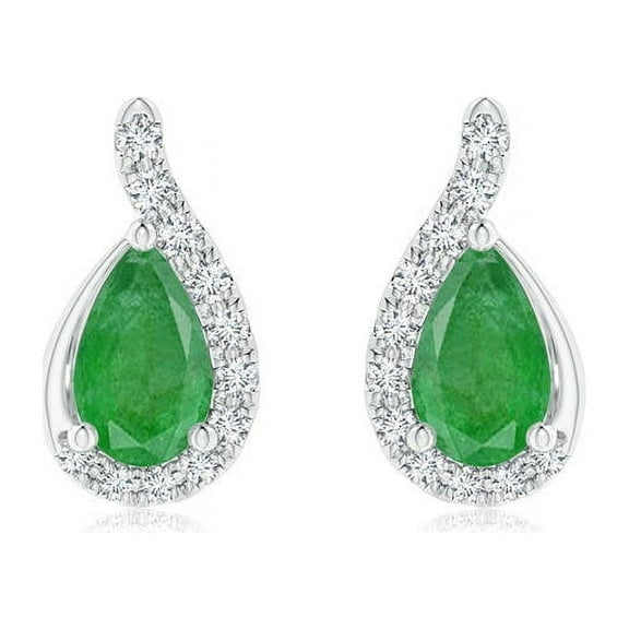 ANGARA Natural Pear Emerald Earrings with Diamond Swirl Frame in 14K White Gold for Women (Size-5x3mm) | May Birthstone, Birthday, Anniversary, Jewelry Gift for Women | Natural Emerald Earrings