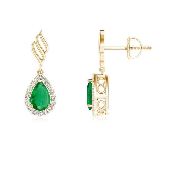 ANGARA Natural Pear Emerald Halo Drop Earrings with Trio Swirls in 14K Yellow Gold for Women (Size-6x4mm) | May Birthstone, Birthday, Anniversary, Jewelry Gift for Women | Natural Emerald Earrings