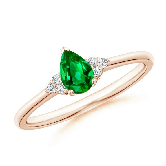 ANGARA Natural Pear Emerald Solitaire Ring with Trio Diamond Accents in 14K Rose Gold for Women (Size-6x4mm) | May Birthstone, Birthday, Anniversary, Jewelry Gift for Women | Natural Emerald Ring
