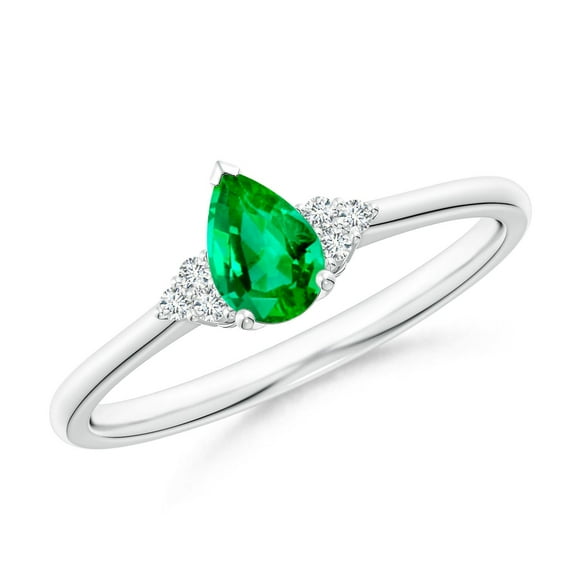 ANGARA Natural Pear Emerald Solitaire Ring with Trio Diamond Accents in 14K White Gold for Women (Size-6x4mm) | May Birthstone, Birthday, Anniversary, Jewelry Gift for Women | Natural Emerald Ring
