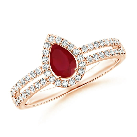 ANGARA Natural Pear Ruby and Diamond Halo Split Shank Ring in 14K Rose Gold for Women (Size-6x4mm) | July Birthstone Jewelry for Her | Natural Ruby Rings