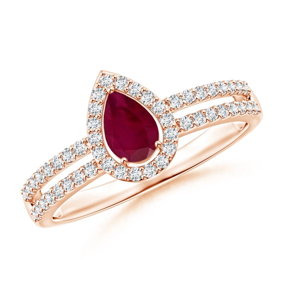 ANGARA Natural Pear Ruby and Diamond Halo Split Shank Ring in 14K Rose Gold for Women (Size-6x4mm) | July Birthstone Jewelry for Her | Natural Ruby Rings